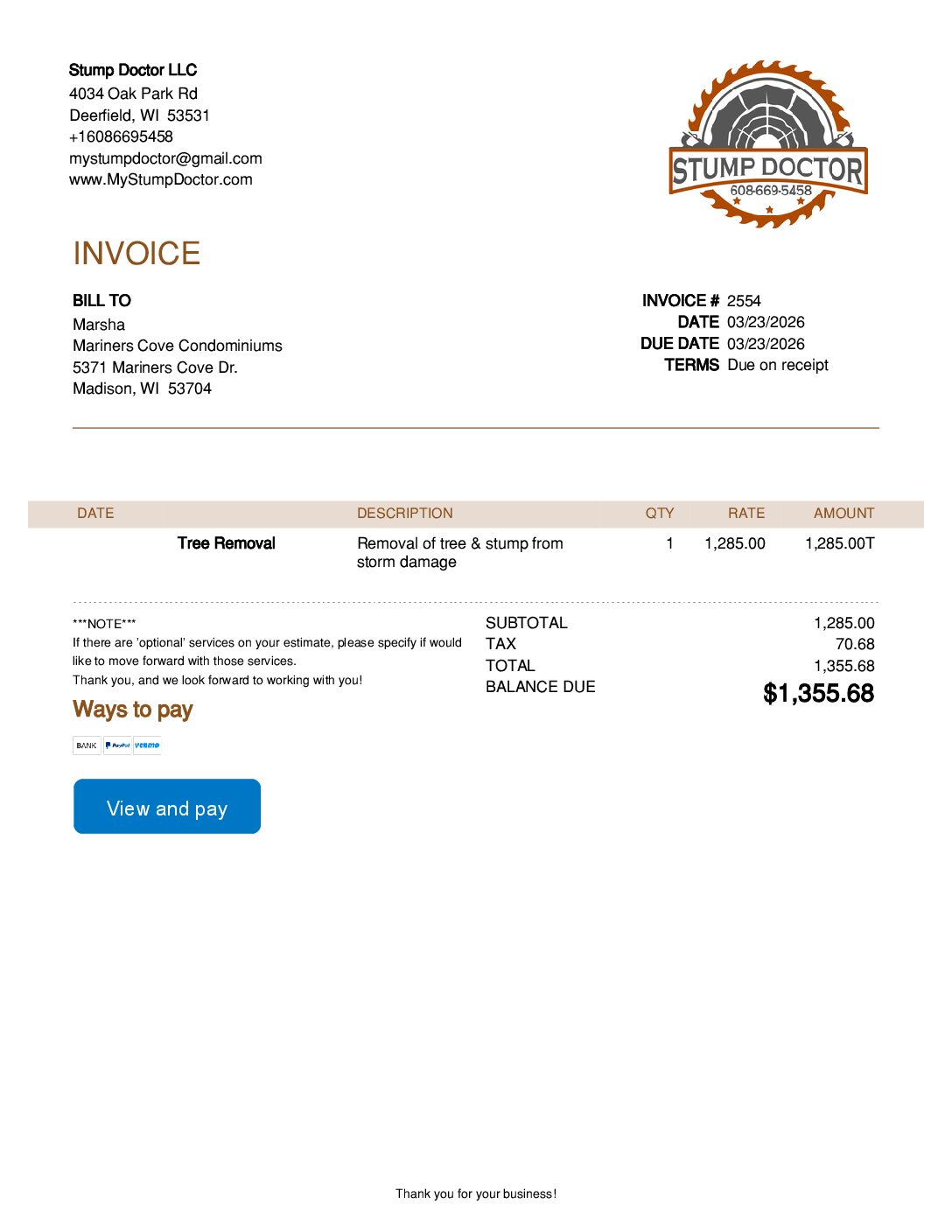 Invoice from Stump Doctor Estimate