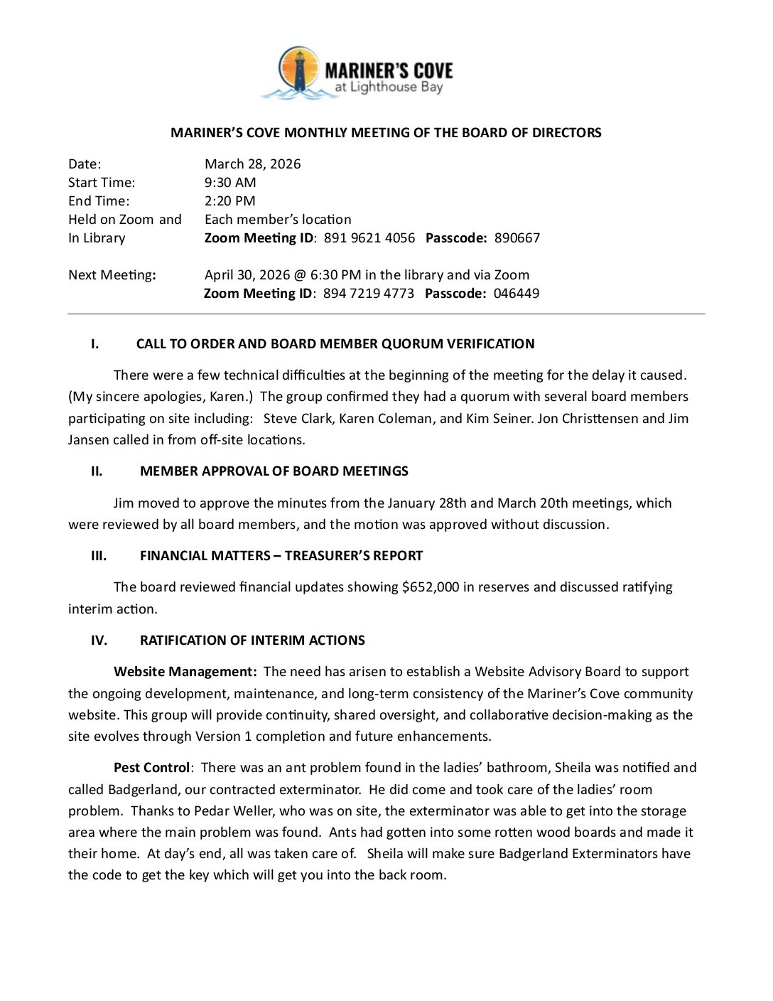 March 2026 Board Meeting Minutes