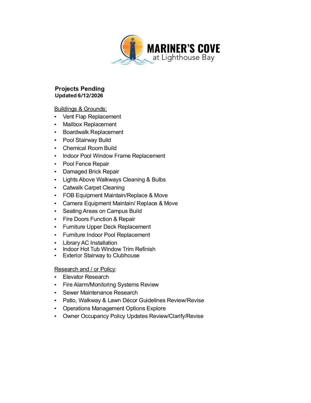 Board Projects Pending List